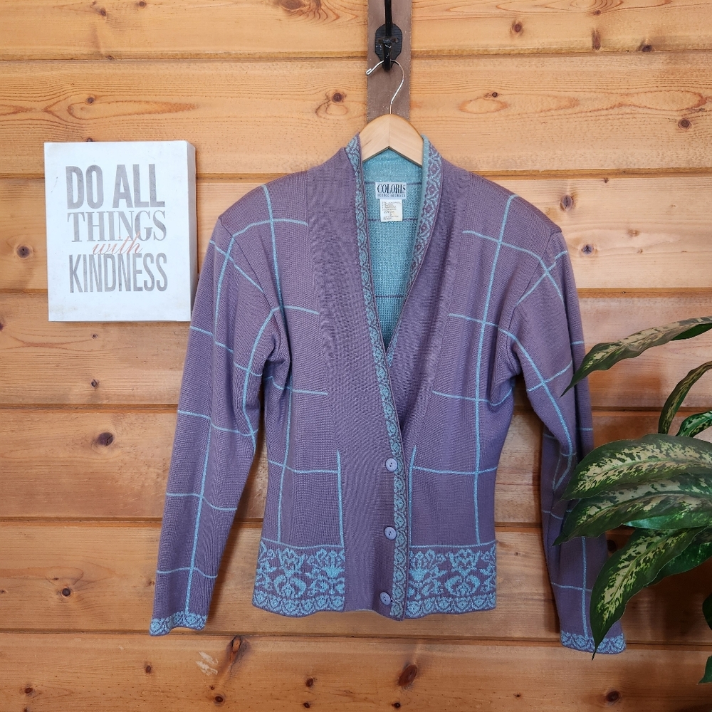 Coloris George Georgiou🌻 Vintage Purple Cardigan Plaid Floral Sweater Wool Sz S